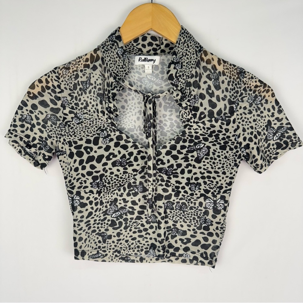 RedBerry Leopard Butterfly Print Sheer Top